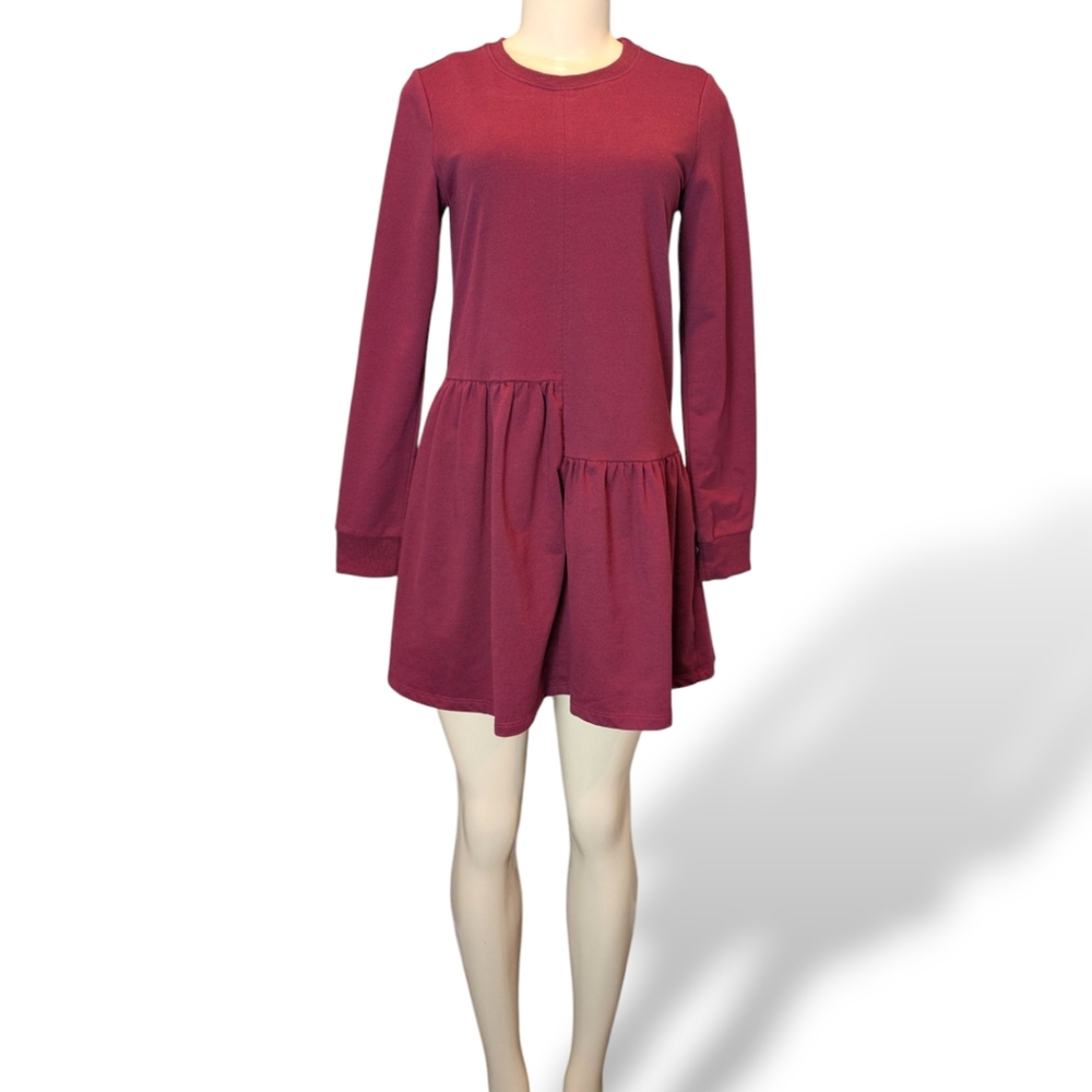 English Factory Maroon Red Asymmetrical Fit & Flare Sweatshirt Mini Dress XS